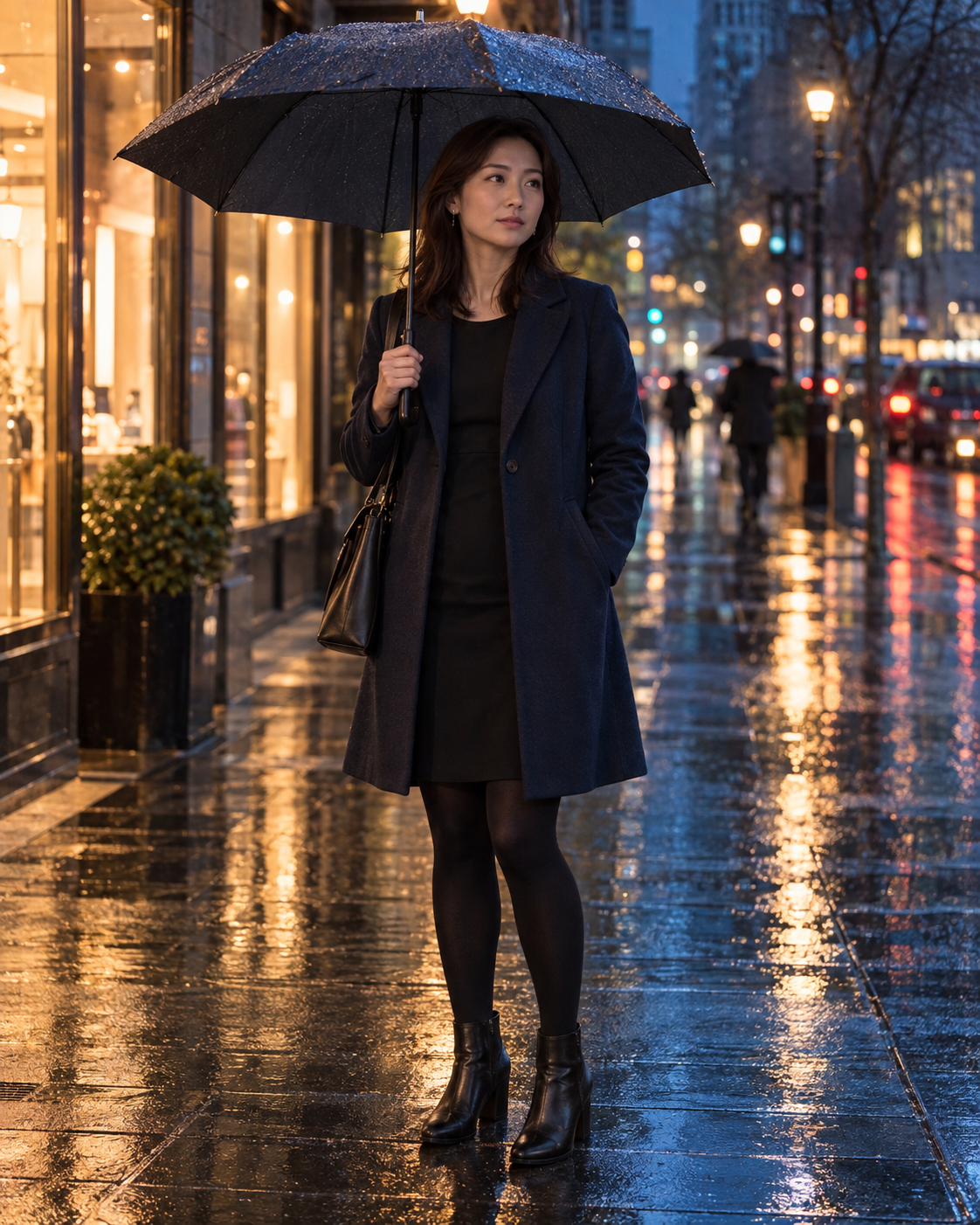 雨夜街道、长伞与黑色连裤袜穿搭的冷暖光线关系。